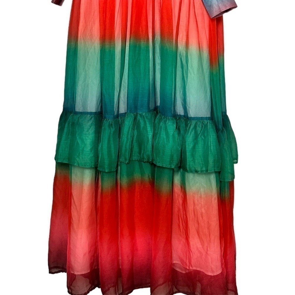Lillys Kloset Ombre Cutout Maxi Dress Green Red Tiered Bishop Sleeve Womens‎ M - Picture 3 of 8